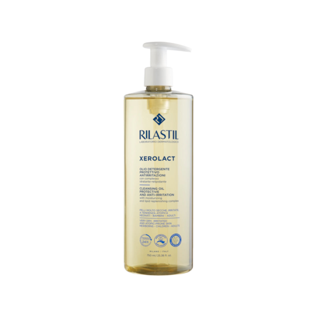 Rilastil Xerolact Cleansing Oil for gentle cleansing and hydration of very dry, irritated, and atopic-prone skin.