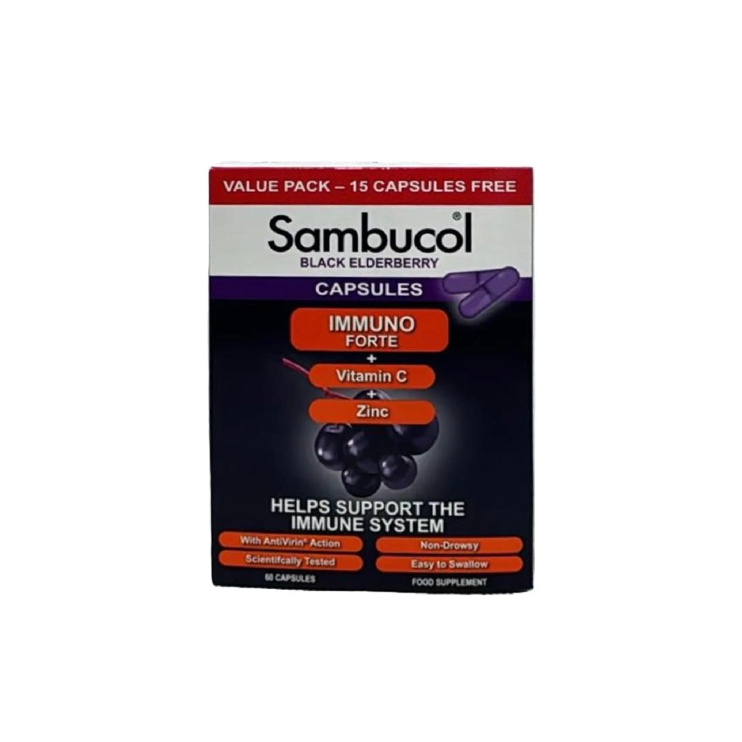 Sambucol Immune Forte with Black Elderberry Value Pack, 15 Capsules Free – Immune support capsules with Vitamin C and Zinc.