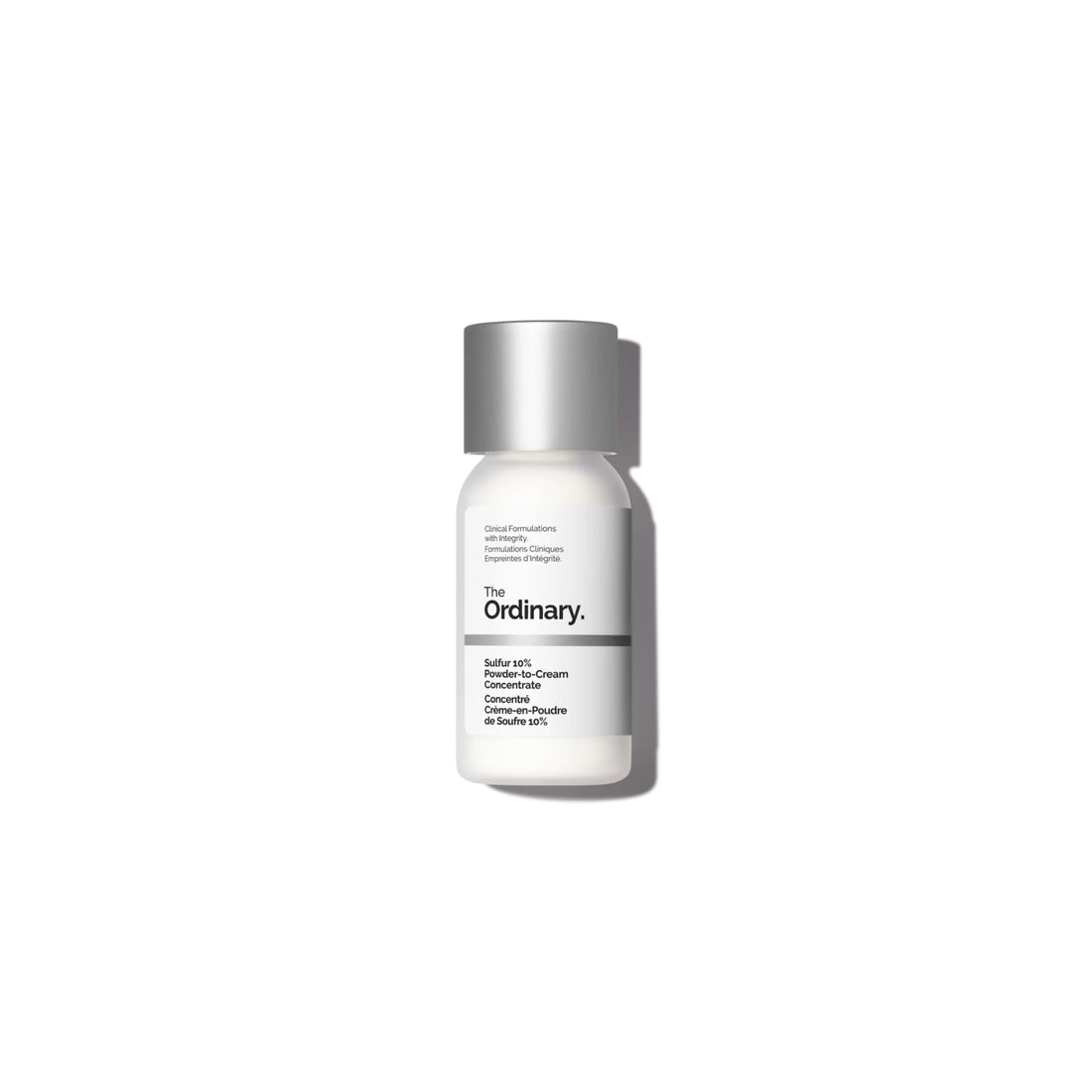 The Ordinary Sulfur 10% Powder-to-Cream Concentrate acne spot treatment in white powder tube format.