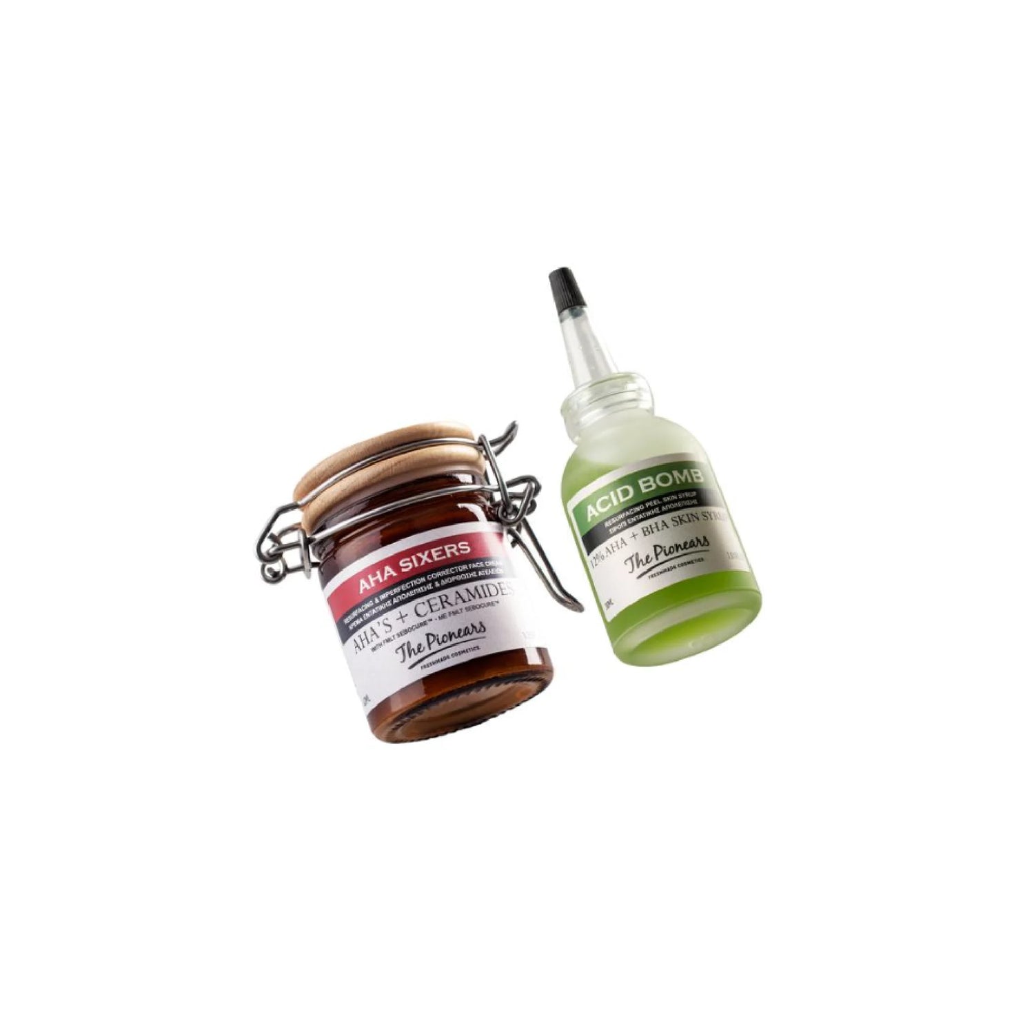 The Pionears AHA Duo set featuring Acid Bomb and Aha Sixers for intensive exfoliation, smoother skin, and reduced blemishes and scars.




