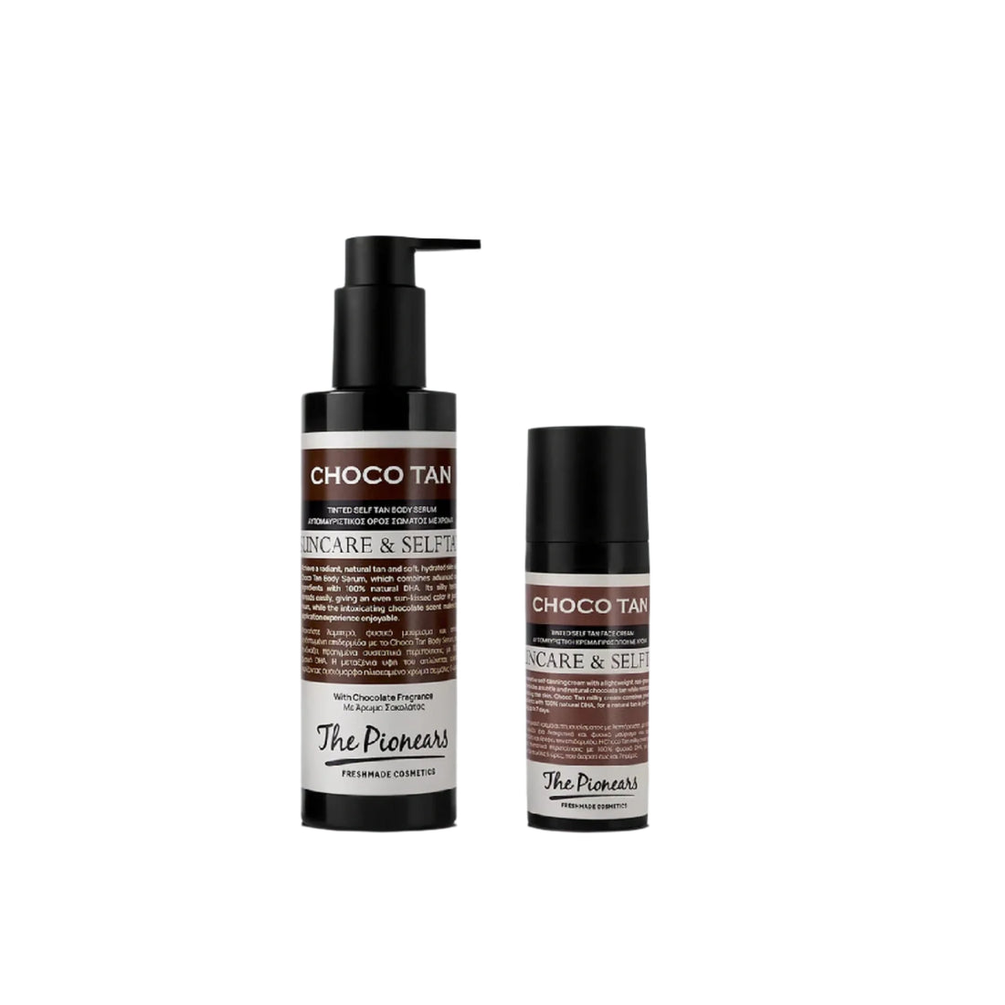 The Pionears Choco Tan Set – Self-tanning body serum and milky cream duo for glowing, bronzed skin.