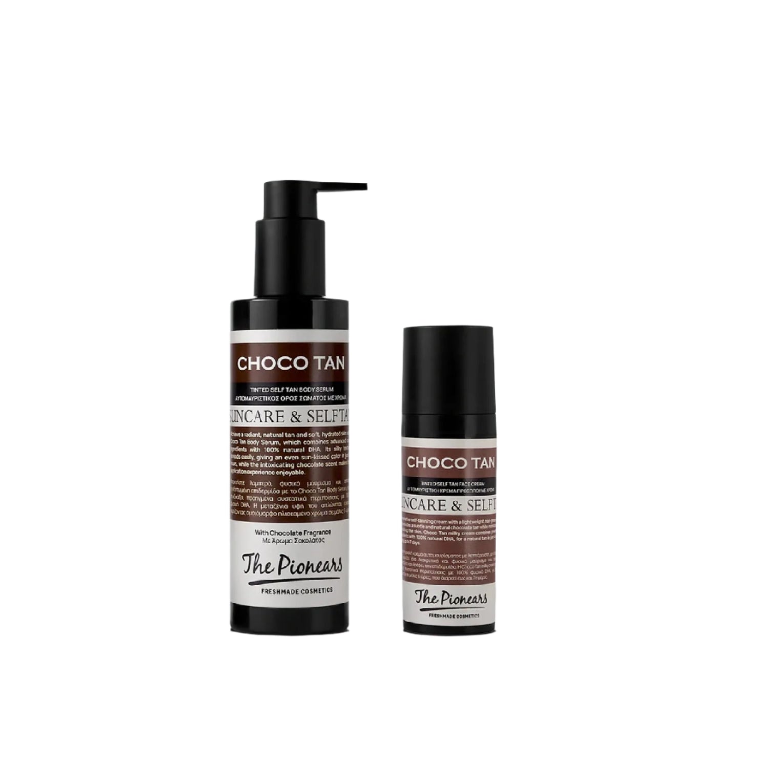 The Pionears Choco Tan Set – Self-tanning body serum and milky cream duo for glowing, bronzed skin.
