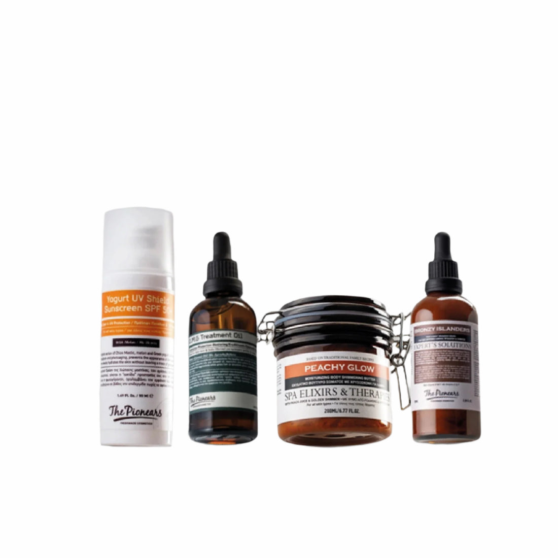 The Pionears Glow &amp; Go Shiny summer glow box – includes bronzing drops, shimmer body butter, treatment oil, and SPF50+ sunscreen for radiant skin and hair.