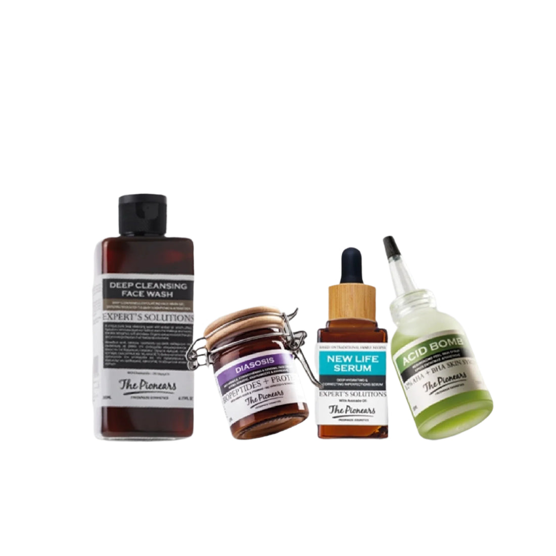 The Pionears Ready for Bootcamp skincare treatment set – includes cleanser, hydrating serum, exfoliating acid formula, and peptide-rich face cream for clear, smooth skin.