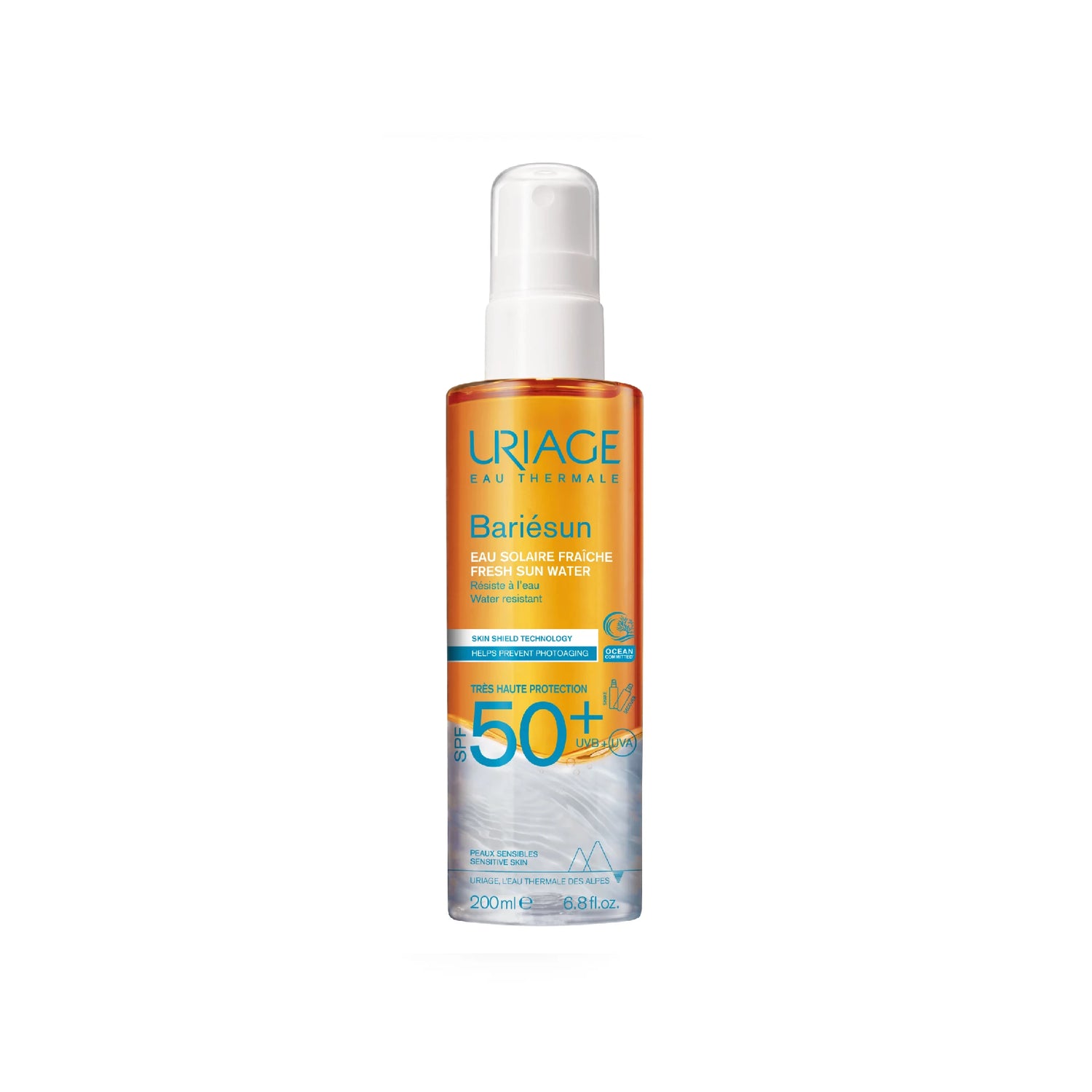 Uriage Bariesun Fresh Sun Water SPF50+ – lightweight, refreshing sun spray with high protection.